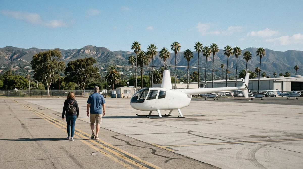 Sightseeing helicopter on the ramp at Santa Barbara Airport before a santa barbara helicopter tour