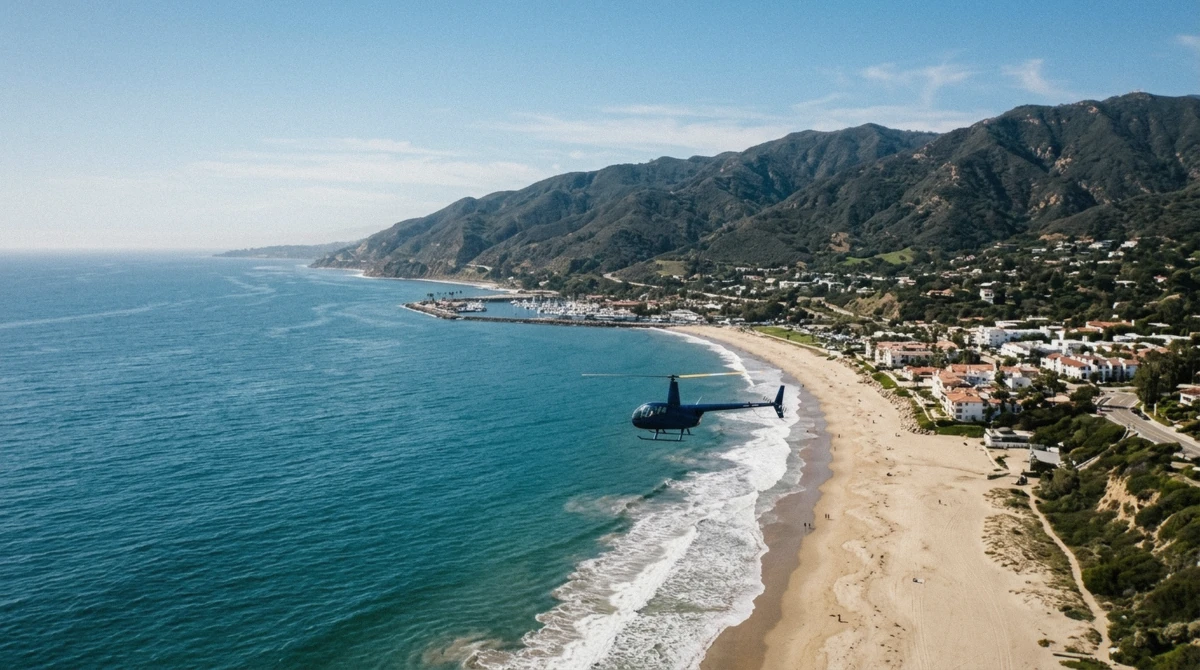 Helicopter flying low along the Santa Barbara coastline on a santa barbara helicopter tour